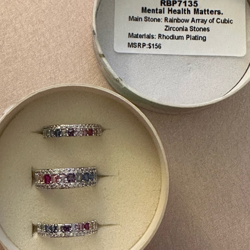 Bomb party sz 8 Mental Health Awareness ring set rhodium new